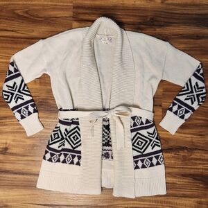 Pink Republic Geometric Ivory & Purple Cardigan w/ Tie Waistband Size Small